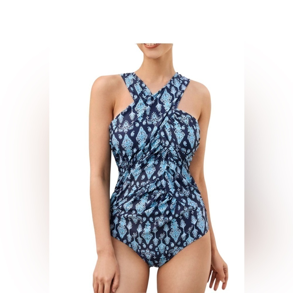 Chic Blue Ruched Front Cross Chest One Piece Swimsuit Broad Straps XL